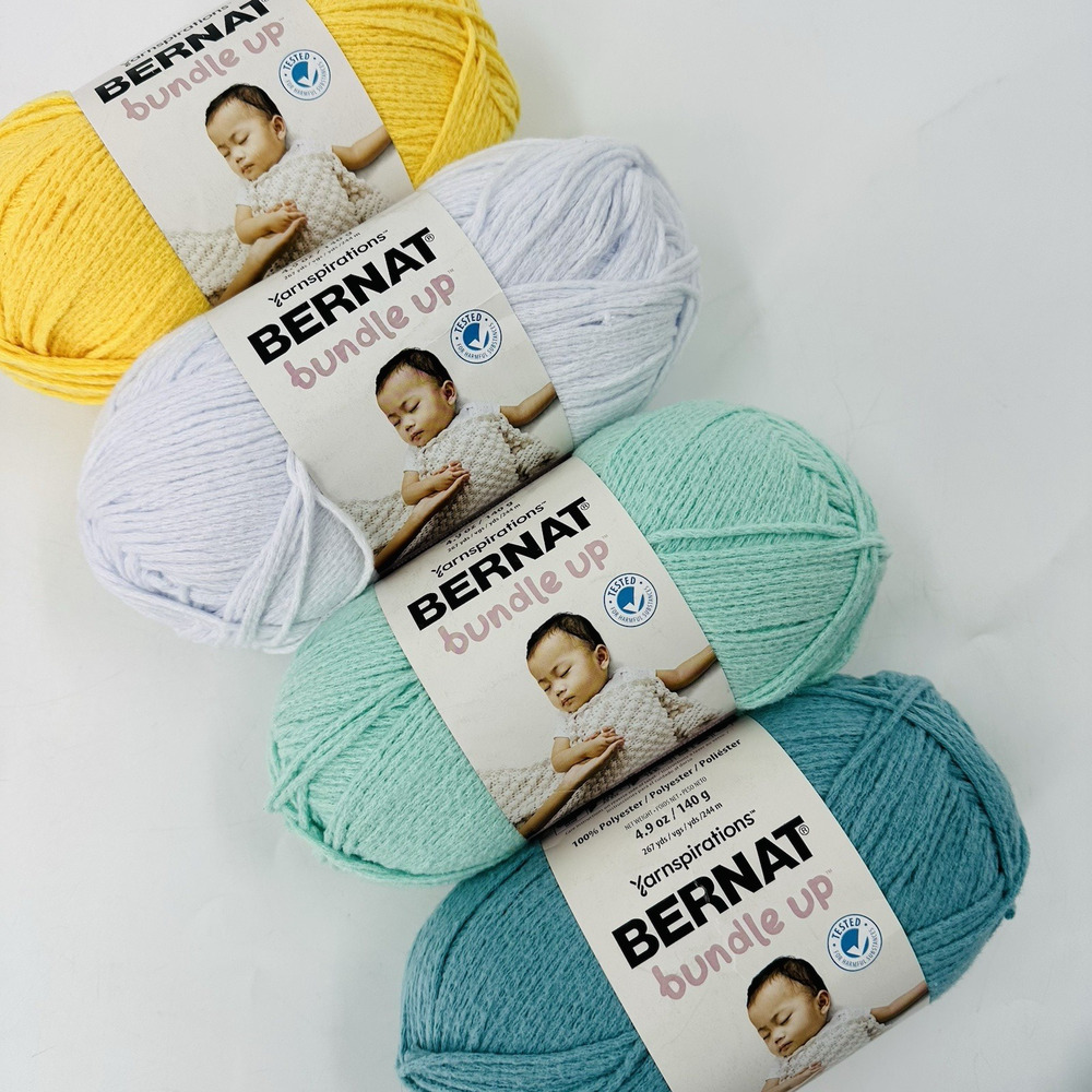 Bernat Bundle Up Yarn 4 Skeins Baby Yarn 100% Polyester Yellow Green White Blue